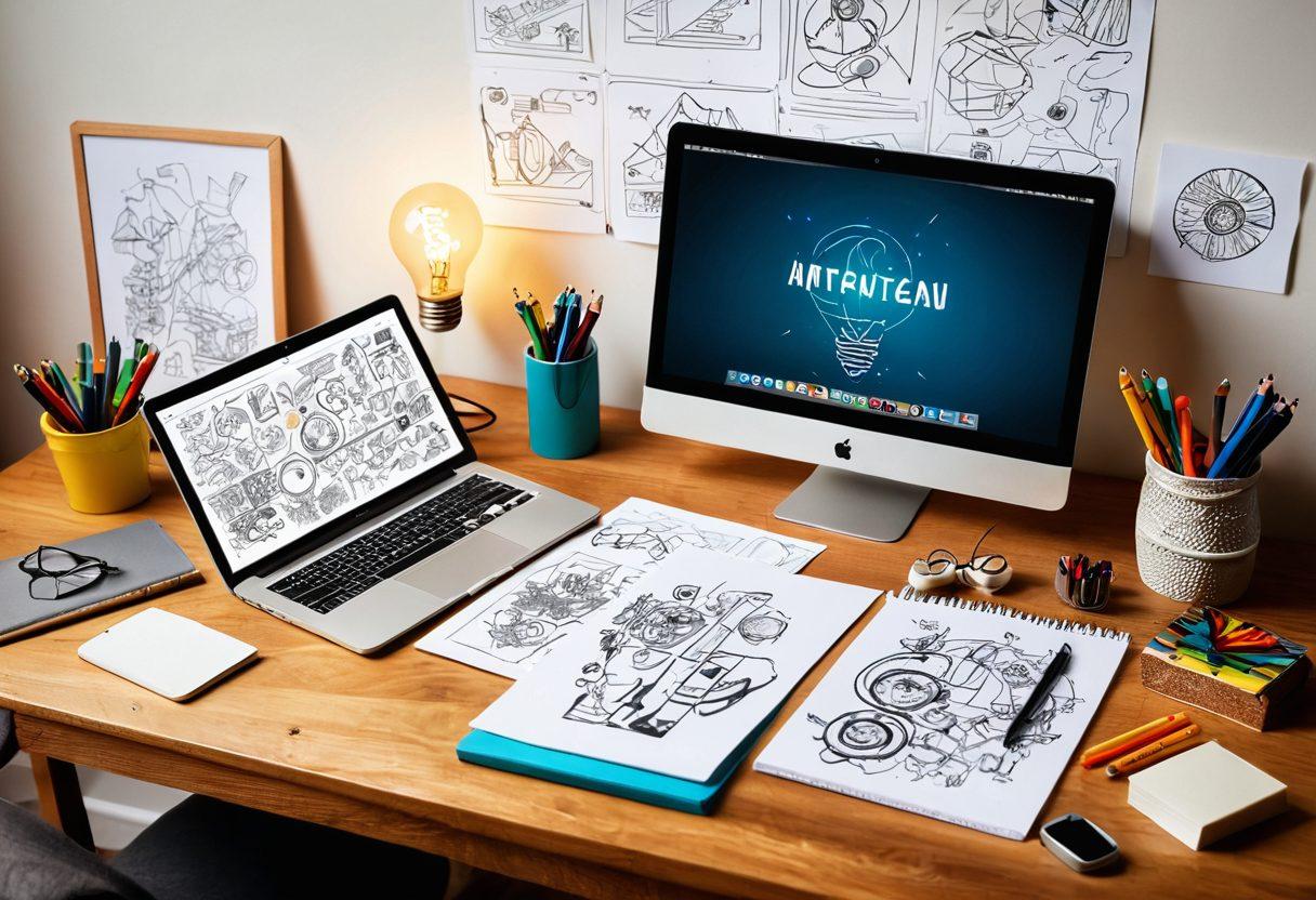 A creative workspace filled with sketches, notepads, and digital devices depicting the journey of content creation, with a visual path illustrating concepts evolving into clicks. Include symbols like a lightbulb for ideas, a pen for writing, and a mouse cursor for digital interaction. The background should feature a vibrant mix of colors to symbolize creativity and inspiration. super-realistic. vibrant colors. raw artistic depiction.