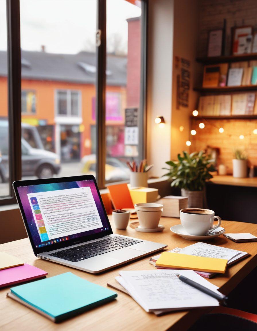 A modern workspace featuring a laptop open to a digital journal, surrounded by vibrant sticky notes and inspiring quotes. In the background, a cozy coffee shop atmosphere with people engaged in storytelling, both online and offline. Soft natural light streaming through a window, illuminating the words on the screen, symbolizing creativity and expression. Include elements of modern technology like a smartphone and tablet. vibrant colors. cozy ambiance. digital art.