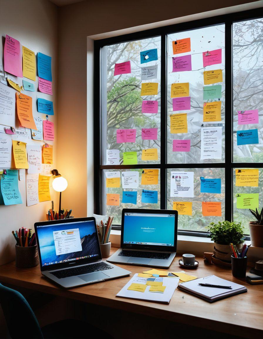 A vibrant scene depicting a creative workspace filled with a laptop, notepads, and colorful sticky notes. In the background, a digital screen displays an engaging story flow chart and graphics illustrating the art of storytelling. Include elements like a steaming coffee cup, a window showcasing a scenic view, and inspirational quotes on the wall. The atmosphere should reflect inspiration and creativity, inviting readers to explore content creation. super-realistic. vibrant colors. white background.